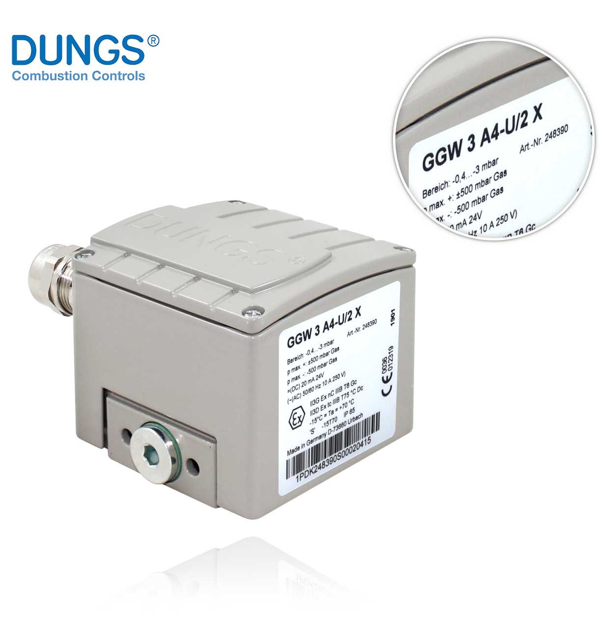DUNGS 248390 GGW 3 A4-U/2X  -0.4-3mbar FOR GAS AND/OR AIR ATEX Z2-22 PRESSURE SWITCH